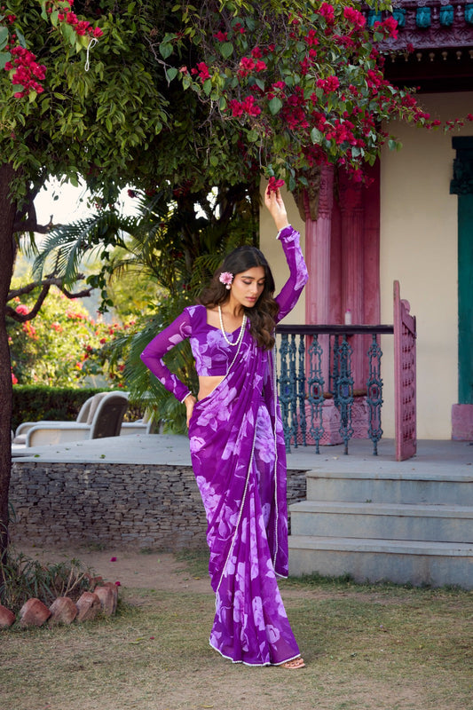 Purple Chiffon Floral Printed Saree – Elegant & Stylish Women's Fashion - Posyfish.in