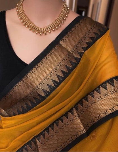 Aab Zik Zek Yellow Saree - Exquisite Mercerised Cotton Silk Collection - Posyfish.in