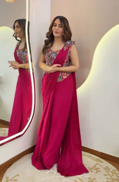 Beautiful Crepe Embroidered Designer Saree with Sequins - Posyfish.in