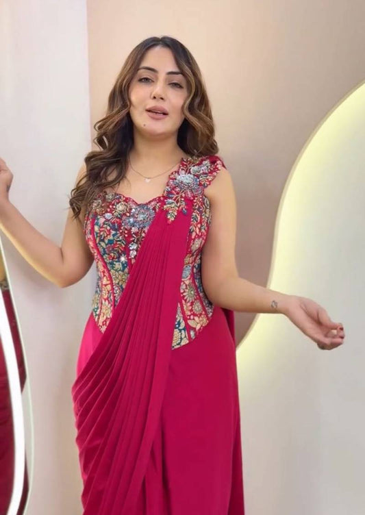 Beautiful Crepe Embroidered Designer Saree with Sequins - Posyfish.in