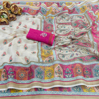 Premium Linen Silk Digital Printed Saree - Luxury Ethnic Wear for Any Occasion - Posyfish.in