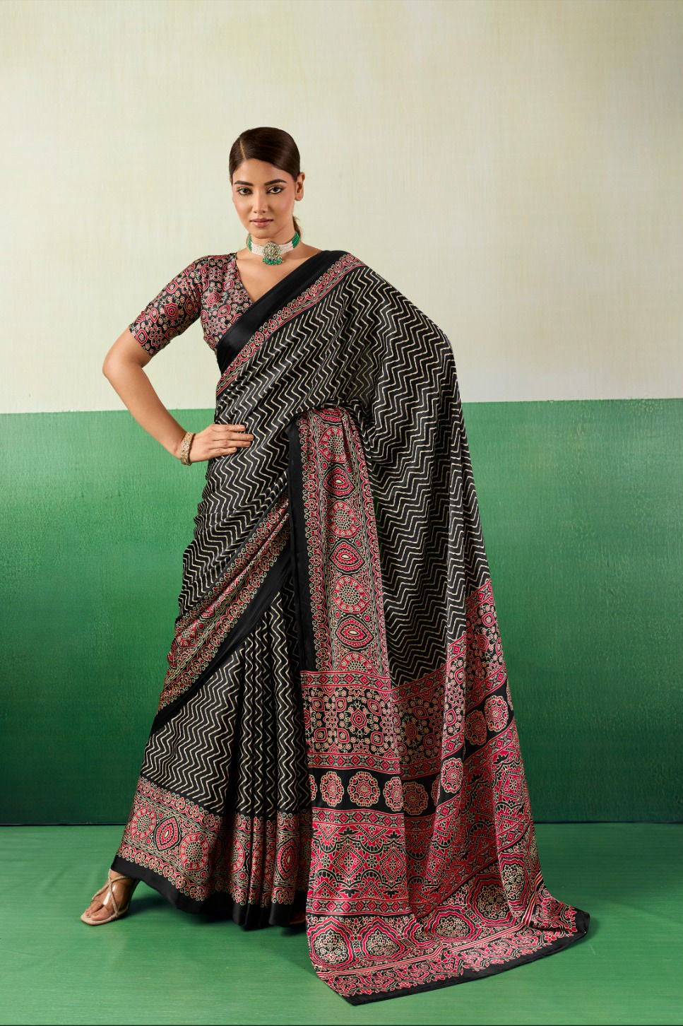 Premium Satin Ajrakh Saree | Elegant Ethnic Wear for Women - Posyfish.in
