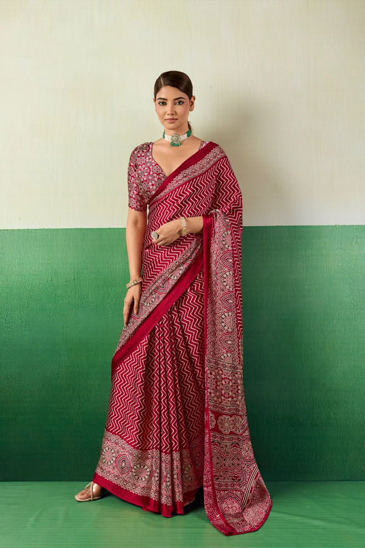 Premium Satin Ajrakh Saree | Elegant Ethnic Wear for Women - Posyfish.in