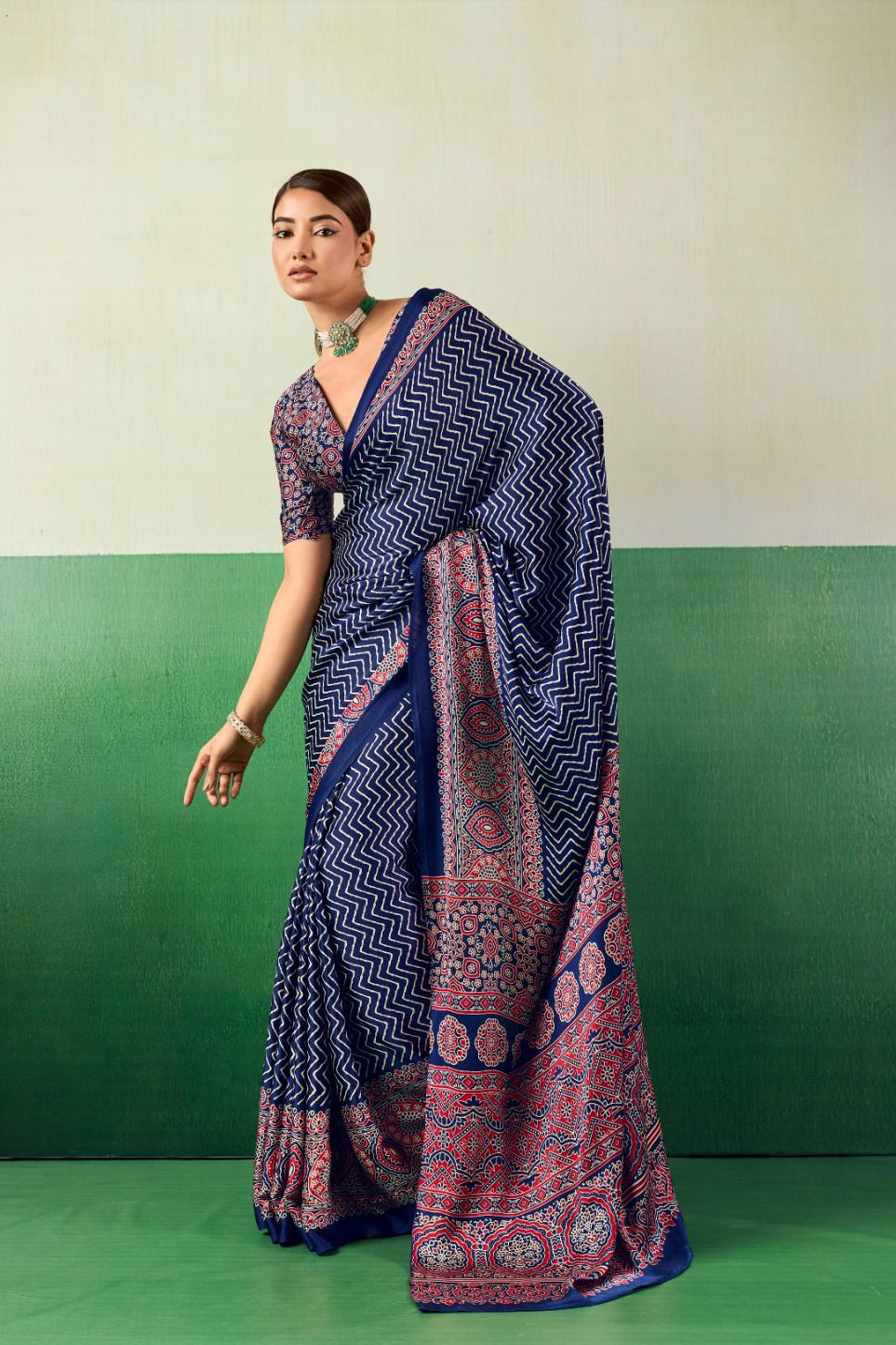 Premium Satin Ajrakh Saree | Elegant Ethnic Wear for Women - Posyfish.in