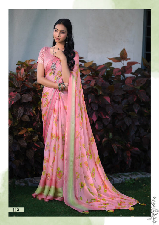 Elegant Floral Print Chiffon Saree with Soft Drape