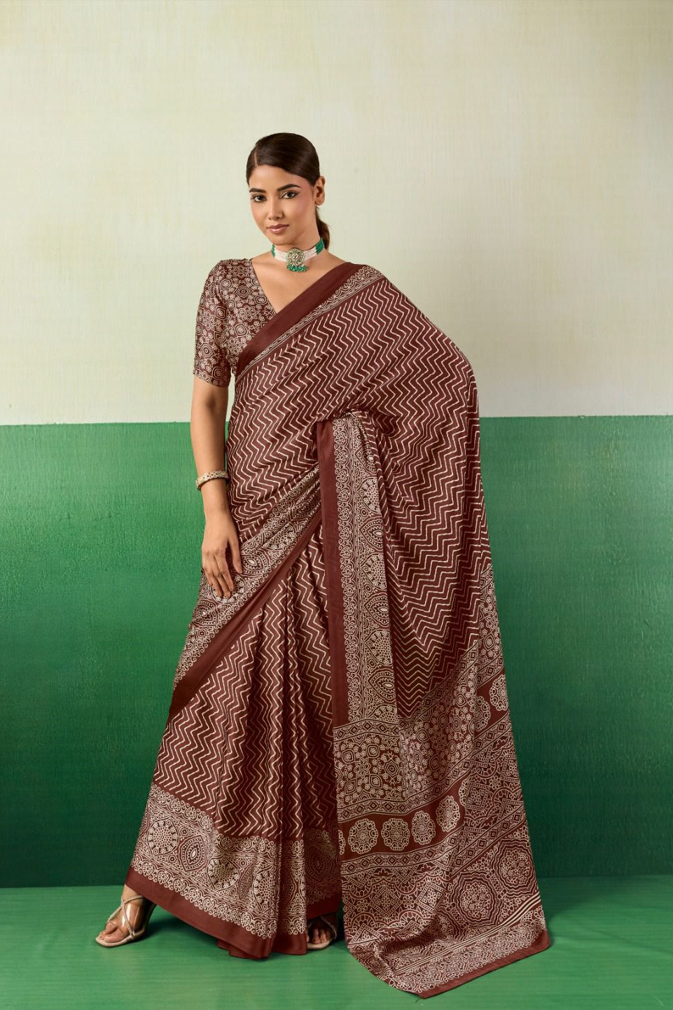 Premium Satin Ajrakh Saree | Elegant Ethnic Wear for Women - Posyfish.in