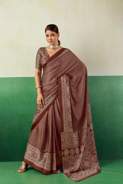 Premium Satin Ajrakh Saree | Elegant Ethnic Wear for Women - Posyfish.in