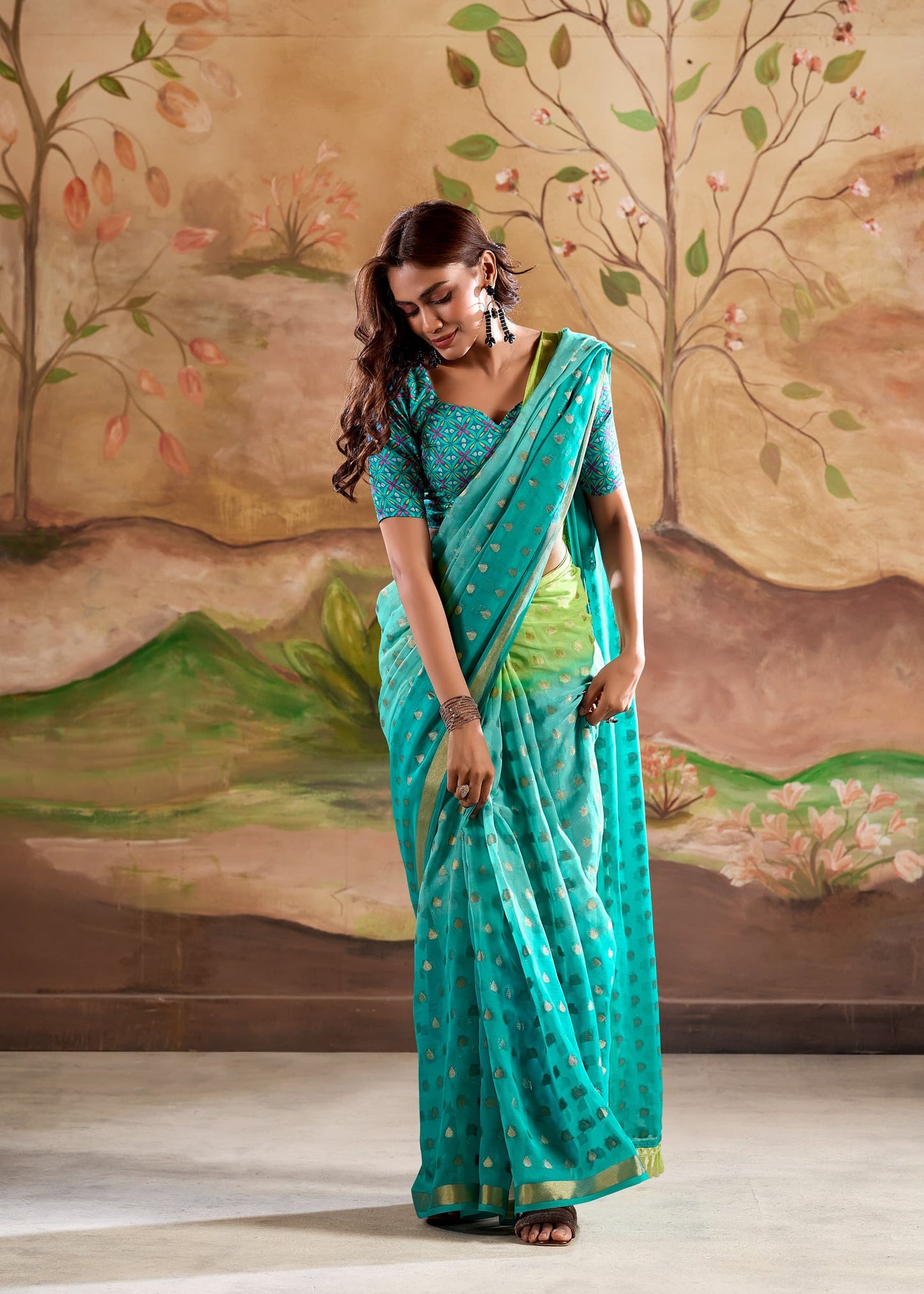 Marigold Silk Banarasi Butta Georgette Designer Saree
