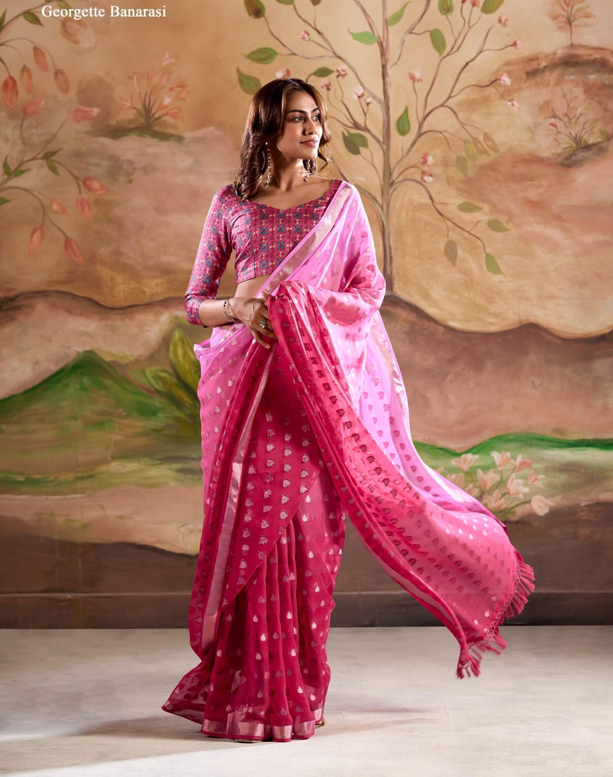 Marigold Silk Banarasi Butta Georgette Designer Saree
