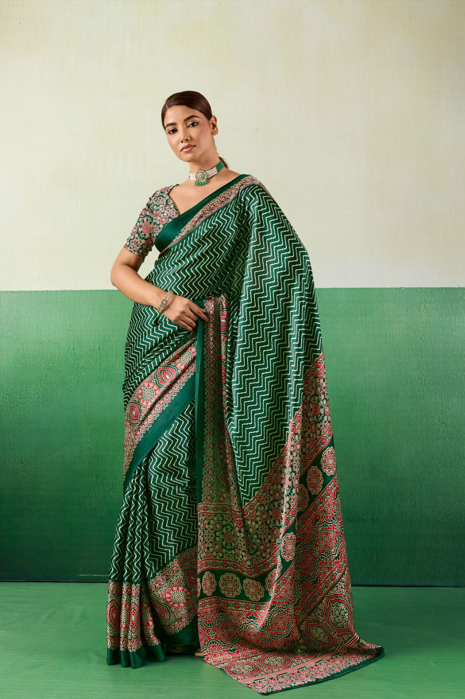 Premium Satin Ajrakh Saree | Elegant Ethnic Wear for Women - Posyfish.in