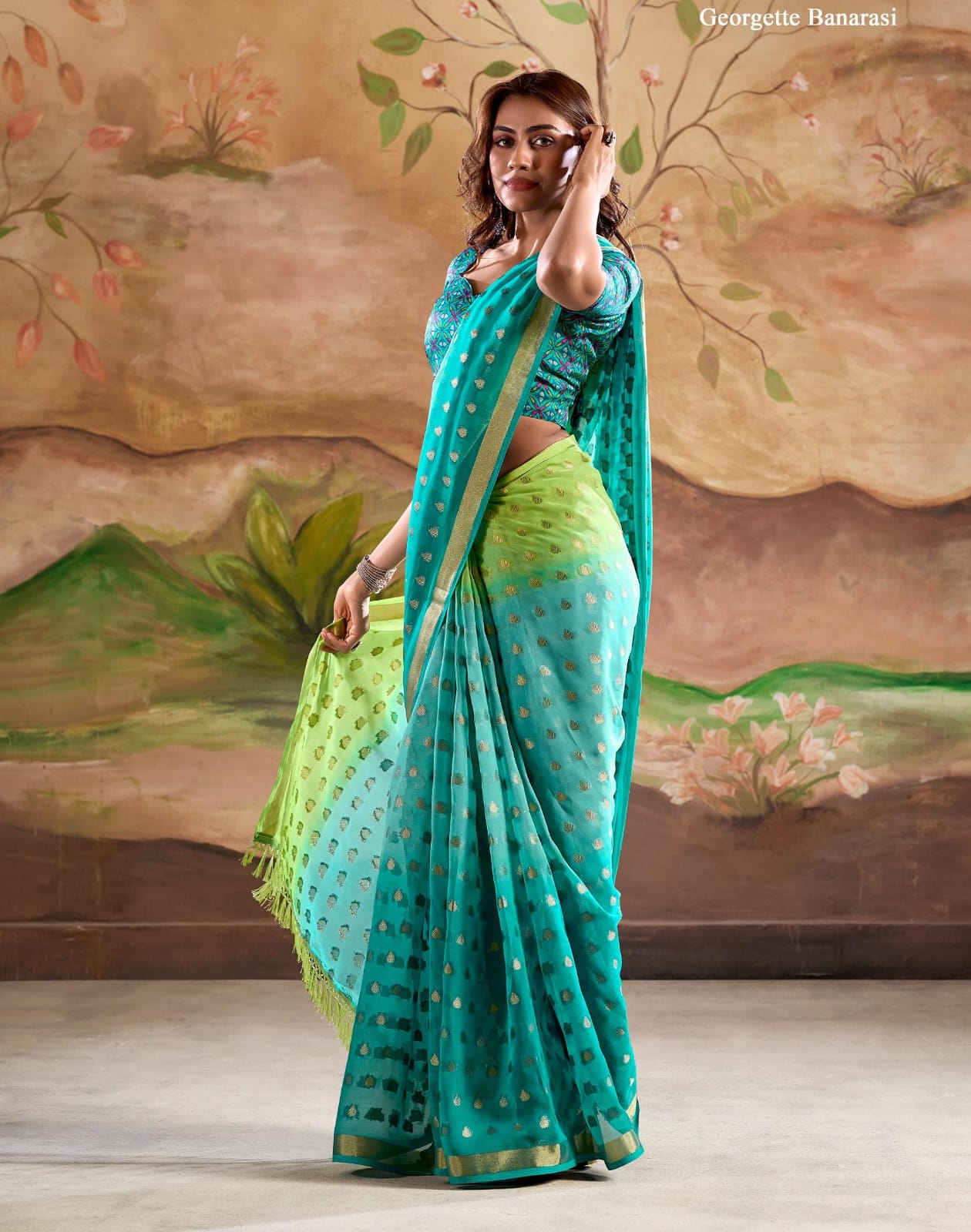 Marigold Silk Banarasi Butta Georgette Designer Saree