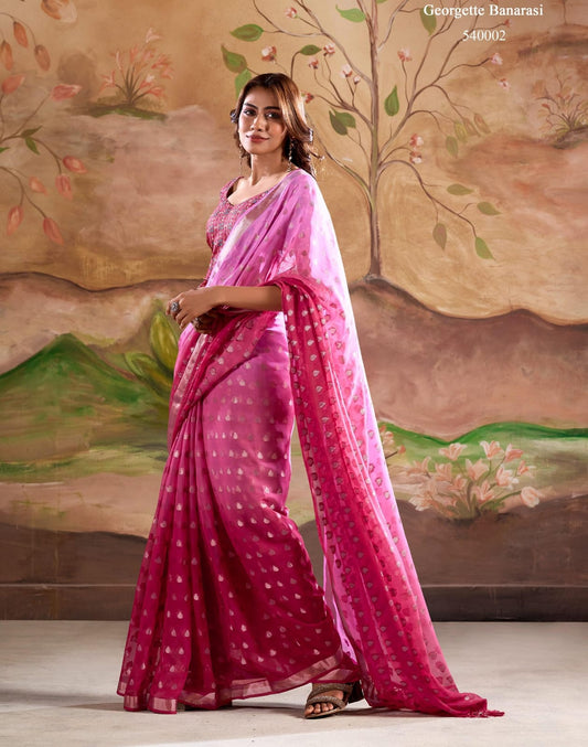 Marigold Silk Banarasi Butta Georgette Designer Saree
