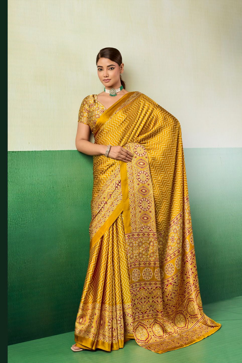 Premium Satin Ajrakh Saree | Elegant Ethnic Wear for Women - Posyfish.in