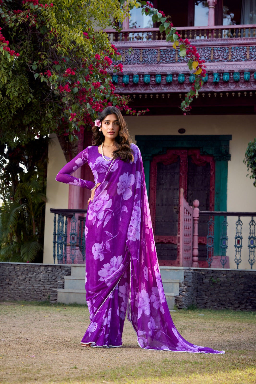 Purple Chiffon Floral Printed Saree – Elegant & Stylish Women's Fashion - Posyfish.in