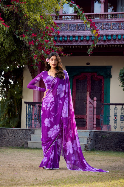 Purple Chiffon Floral Printed Saree – Elegant & Stylish Women's Fashion - Posyfish.in