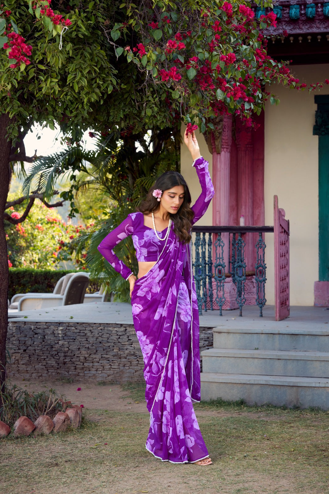 Purple Chiffon Floral Printed Saree – Elegant & Stylish Women's Fashion - Posyfish.in