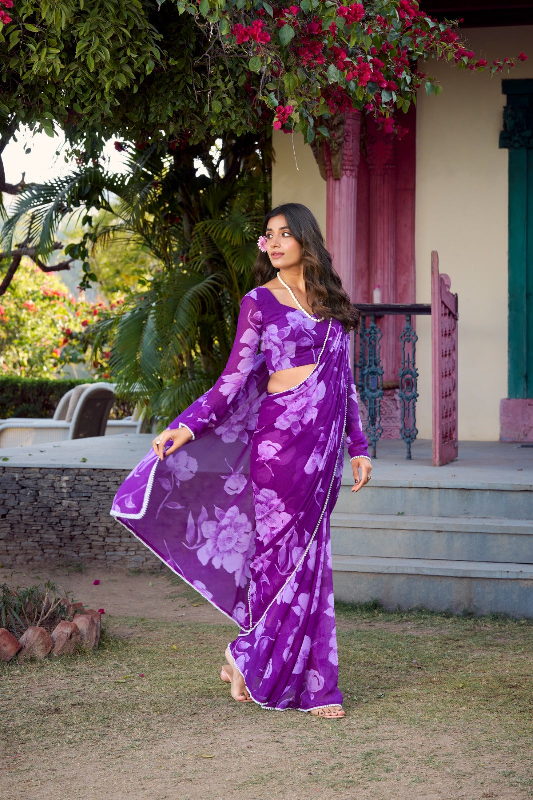 Purple Chiffon Floral Printed Saree – Elegant & Stylish Women's Fashion - Posyfish.in