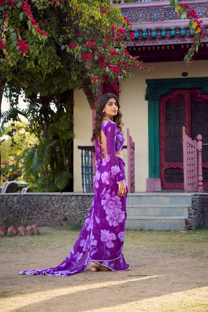 Purple Chiffon Floral Printed Saree – Elegant & Stylish Women's Fashion - Posyfish.in