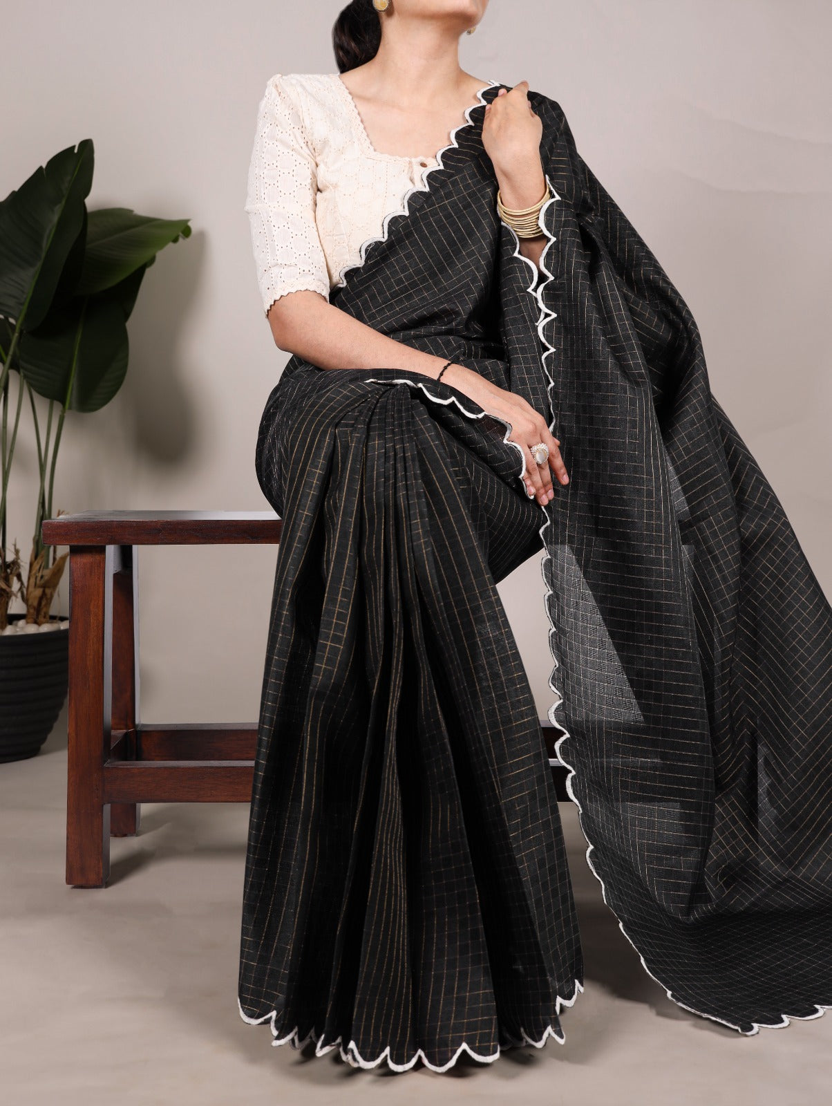 Black Gadhwal Fancy Saree in Stunning Chex Design - Posyfish.in