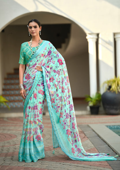 Elegant Floral Print Chiffon Saree with Soft Drape