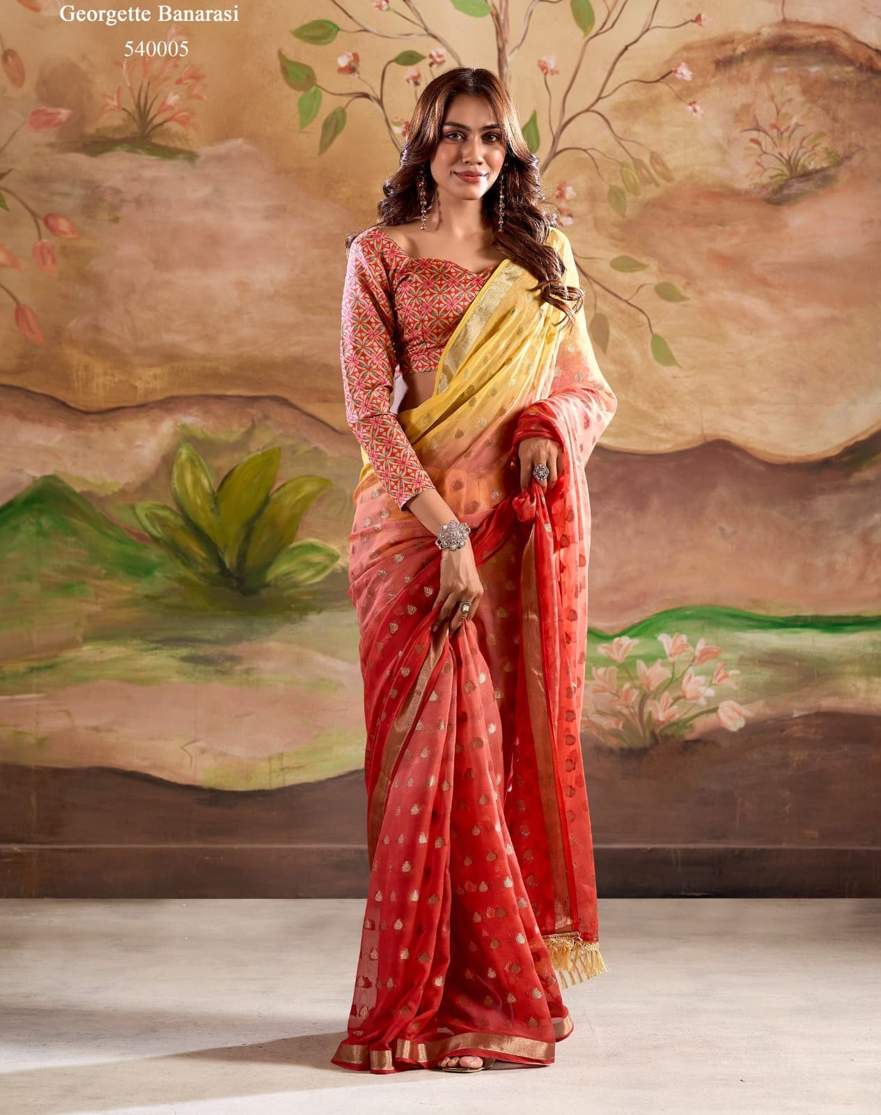 Marigold Silk Banarasi Butta Georgette Designer Saree