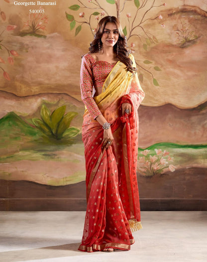 Marigold Silk Banarasi Butta Georgette Designer Saree